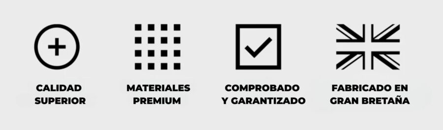 Iconos que representan calidad superior, materiales premium, productos comprobados y garantizados, y fabricación en Gran Bretaña