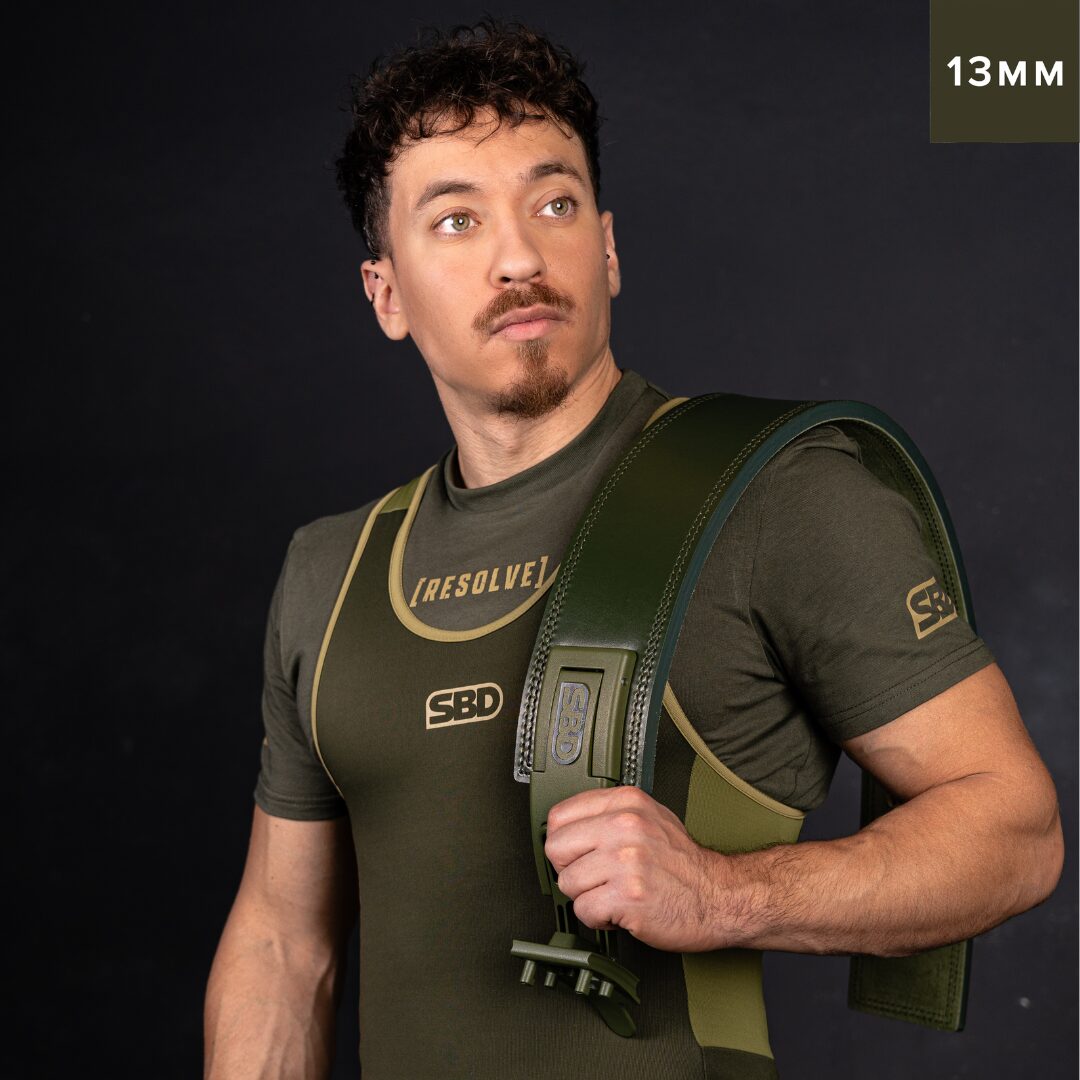 Ceinture de force SBD vert kaki en cuir pour musculation, powerlifting, streetlifting et strongman
